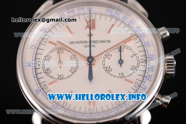 Vacheron Constantin Historiques Cornes de Vache 1955 Chronograph Copy Venus 75 Manual Winding Steel Case with White Dial Stick Markers and Black Leather Strap - Click Image to Close